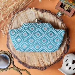 ARTKLIM Turquoise Blue & White Embroidered Box Clutch image 1