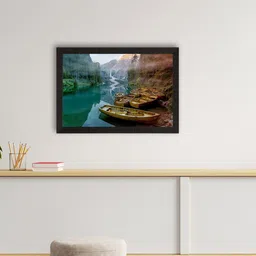 eCraftIndia Green & Brown Splendid River Between Mountains View Satin Matte Texture UV Wall Painting image 1