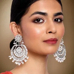 Peora Gold Plated Traditional Bridal Kundan Pearl Chand Bali Earrings image 2