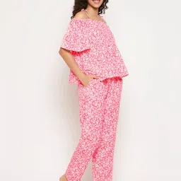 Clovia Pink & White Floral Print Top With Pyjamas image 4
