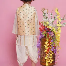 Little Bansi Boys Cream & Beige Embroidered Full Sleeves Kurta, Dhoti with Nehru Jacket image 2