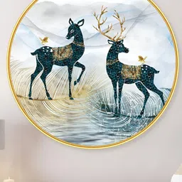 SAF Premium Blue And White Golden Frame Couple Deer Printed Wall Art-picture-30