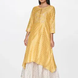 Global Desi Mustard Floral Print High Low Kurta-picture-10