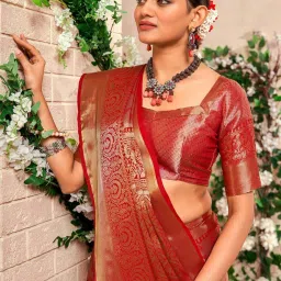 Satrani Red Silk Woven Saree With Unstitched Blouse image 2