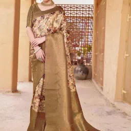 Satrani Beige Silk Floral Print Saree With Unstitched Blouse-picture-17