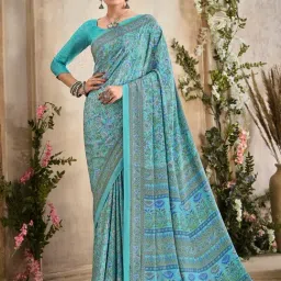 Saree Mall Turquoise Printed Sarees With Unstitched Blouse-picture-28