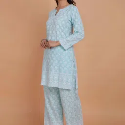 House of Kari Sky Blue Saba Chikankari Kurta Set in Rayon Kurta With Pant image 2