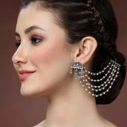 Panash Oxidized Silver Plated Pearls Layered Drop Earrings with Ear Chains image 2