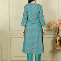 W Cobalt Blue Rayon Floral Print Flared Kurta image 2