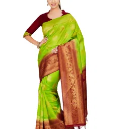 Mimosa Green Zari Kanjivaram Silk Saree With Blouse image 1