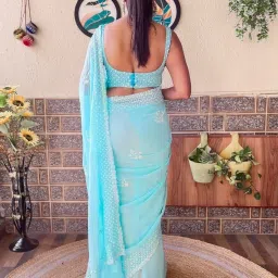 Saree Mall Turquoise Embellished Sarees With Unstitched Blouse image 2