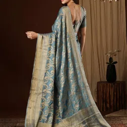 Saree Mall Blue Woven Sarees With Unstitched Blouse image 2