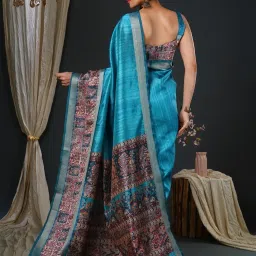 Saree Mall Blue Printed Sarees With Unstitched Blouse image 2