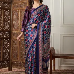 Saree Mall Navy Printed Sarees With Unstitched Blouse-image-25