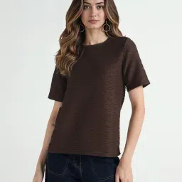Elle Women Brown Textured Crew Neck T-Shirt-image-28