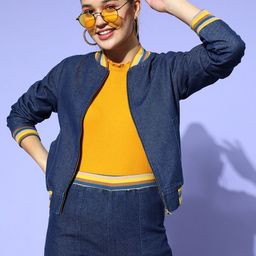 SASSAFRAS Women Navy Blue Yellow Bomber Jacket-picture-33