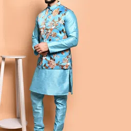 PRINTCULTR Men Regular Pure Silk Kurta with Trousers image 4