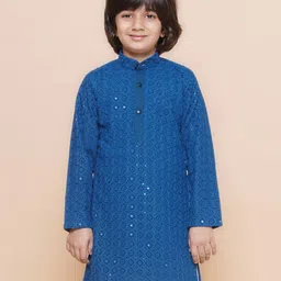 AJ Dezines Full Sleeves Sequin Embellished & Floral Embroidered Kurta - Navy Blue image 1