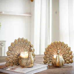 BEHOMA Metal Peacock Pair Figurine for Good Luck and Love, Candle Holder for Home Decor, Tabletop, Living Room, Showpiece Statue for Gifting.-image-3