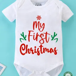 BLUSHES Christmas Theme 100% Cotton Half Sleeves My First Christmas Text Printed Onesie - White-picture-11