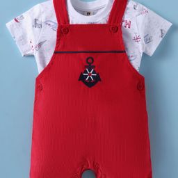 ToffyHouse Cotton Knit Dungarees with Half Sleeves Inner Tee & Nautical Theme Print - Red & White-picture-37