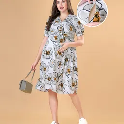 Bella Mama Woven Half Sleeves Shirt Maternity Dress With Floral Print - White & Grey-image-48