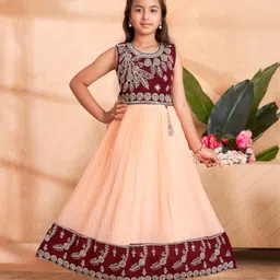 Aarika Georgette Woven Sleeveless Mirror Work Embellished & Embroidered Gown - Maroon & Peach-picture-14