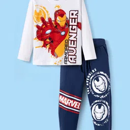Pine Kids Marvel Single Jersey Knit Full Sleeves T-Shirt & Joggers Set with Iron Man Graphics - White & Navy Blue-picture-23