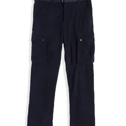 CAVIO Cotton Blend Woven Full Length Solid Cargo Pants With Belt Set - Navy Blue-image-10