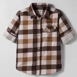 Ruff Twill Woven Full Sleeves Checkered Shirt With Text Embroidery - Dark Brown-picture-14