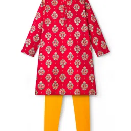 EARTHY TOUCH Single Jersey Knit Full Sleeves Kurta Pajama Set with Floral Print - Red image 2