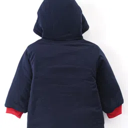 Babyhug Velour Woven Full Sleeves Hooded Winter Wear Suit With Bear Applique - Navy & Red image 3
