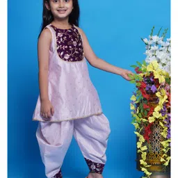 Little Bansi Sleevelesss Floral Embroidered Kurta With Dhoti & Dupatta - Pink image 4
