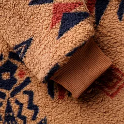 Little Kangaroos Woven Full Sleeves Hooded Fur Sweatshirt with Abstract Print - Brown image 3