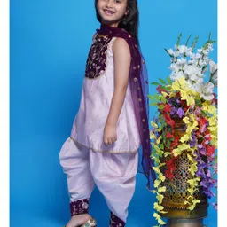Little Bansi Sleevelesss Floral Embroidered Kurta With Dhoti & Dupatta - Pink image 5