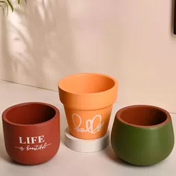 Floweraura 3-Pcs Orange & Brown Printed Teracotta PlantersPot-picture-12