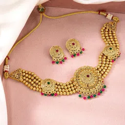 Peora Gold-Plated Beaded & Stones Studded Jewellery Set image 1