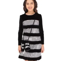 Cutecumber Kids Black Embellished Full Sleeves Party Dress with Sling Bag-image-62