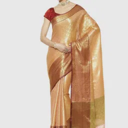 Banarasi Silk Works Peach & Brown Woven Saree With Unstitched Blouse image 1