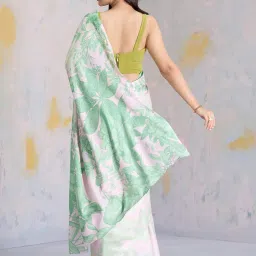 navyasa by liva Pink & Green Printed Saree With Unstitched Blouse image 2