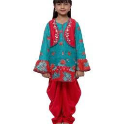BIBA Girls Turquoise & Red Cotton Embroidered Kurti & Salwar With Jacket image 1