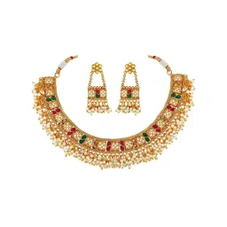 Peora Enamel Pearl Studded Gold-Plated Choker Necklace With Dangle Earrings Jewellery Set image 2