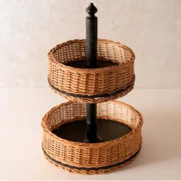 Peepul Tree Wicker & Wood Fruit Basket With 2 Tiers & Cutlery Holder Combo | Handcrafted in Kashmir image 2
