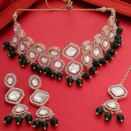 Zaveri Pearls Green Beads Stones Choker Necklace Earring & Maangtikka Set-ZPFK17563-image-88