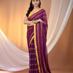 CHARUKRITI Purple Cotton Stripes Saree With Unstitched Blouse-picture-30