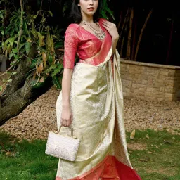 Odette Apricot Silk Blend Woven Design Saree with Unstitched Blouse image 2