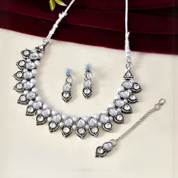 Jewels Nest Stainless Steel Silver Plated AD Studded & Beaded Oxidised Jewellery Set-image-80