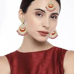 Peora Gold-Plated Kundan Pearl Enamel Maang Tikka Earring Set Jewellery image 2