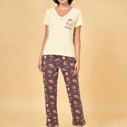 Dreamz by Pantaloons Yellow & Grey Cotton Printed T-Shirt Pyjamas Set-picture-37