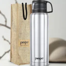 Pexpo Silver Stainless Steel Vacuum Insulated Water Bottle with Jute Bag (1500 ml)-picture-14